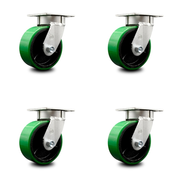 5 Inch Kingpinless Green Poly on Steel Wheel Swivel Top Plate Caster, 4PK